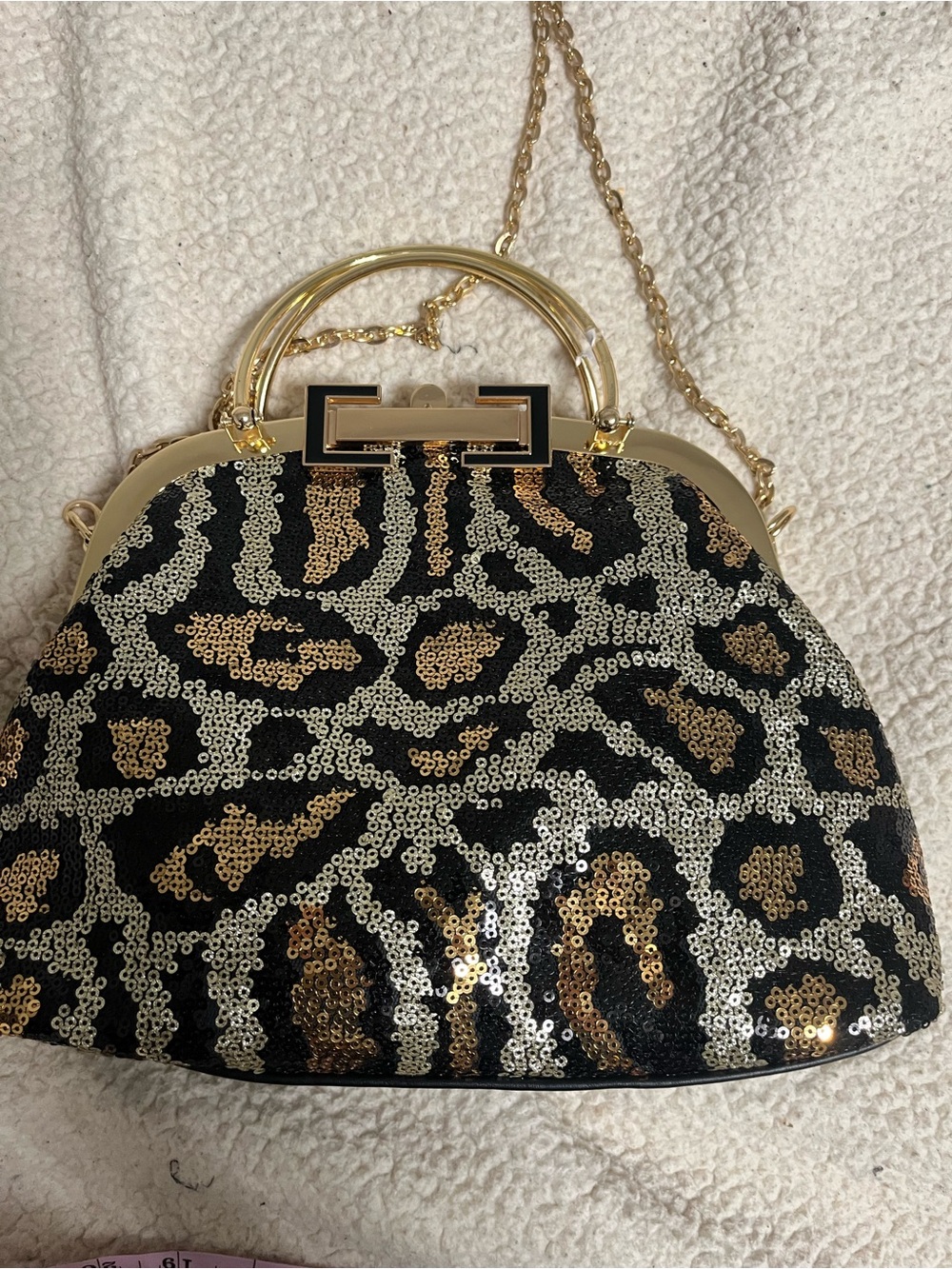 NWOT Sequin Leopard Print Top-Handle Evening Bag in Black and Gold